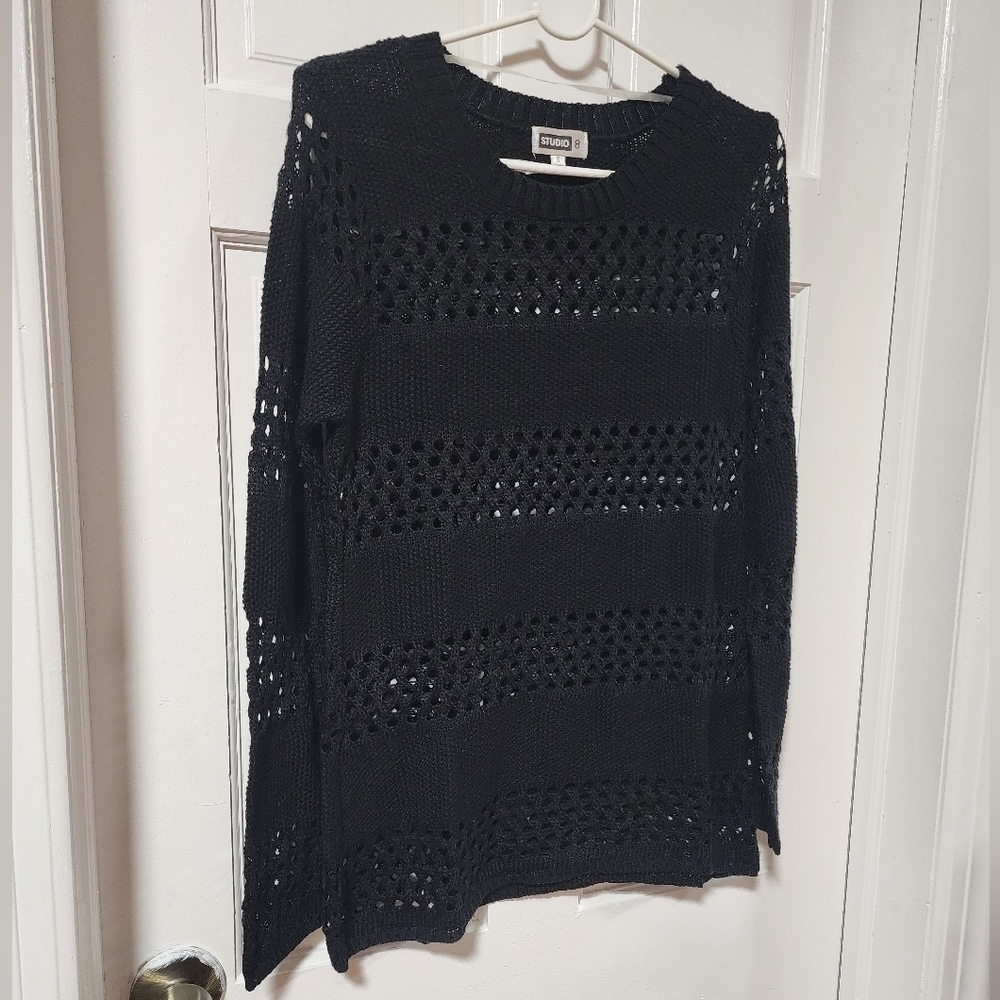 Women's Long-Sleeve Crochet Knit Perforated Black Sweater Small